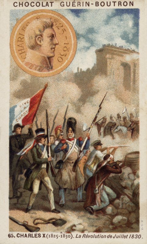 Charles X av Frankrike og revolusjonen i juli 1830 (chromolitho) av French School