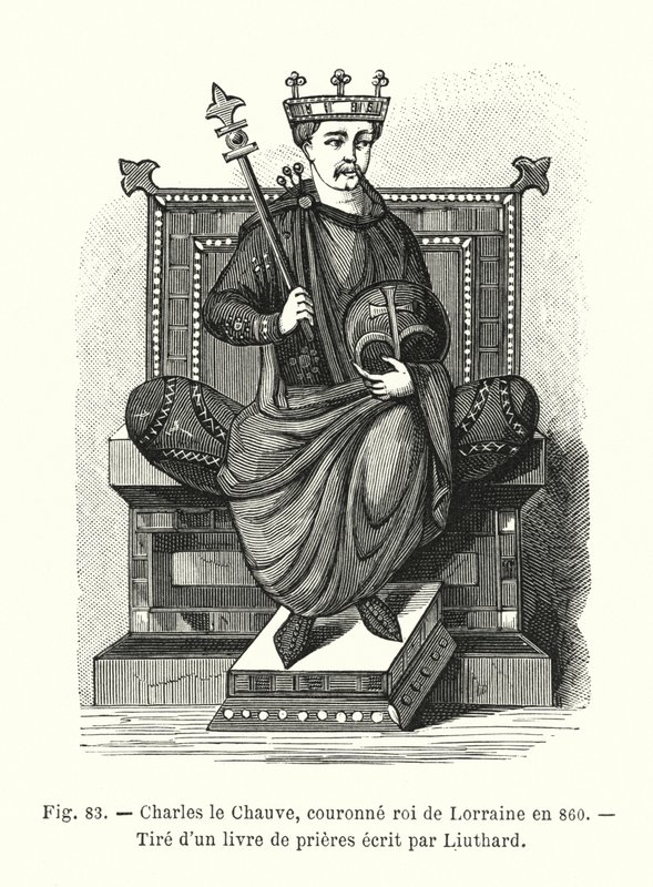 Charles the Bald, kronet til konge av Lorraine i 860, Fra en bønnebok skrevet av Liuthard (gravering) av French School