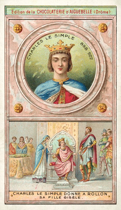Karl den enkle gir datteren Gisele til Rollo av Normandie i ekteskap, 911 (chromolitho) av French School