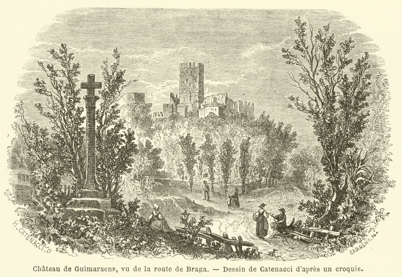 Chateau de Guimaraens, sett fra veien til Braga (gravering) av French School