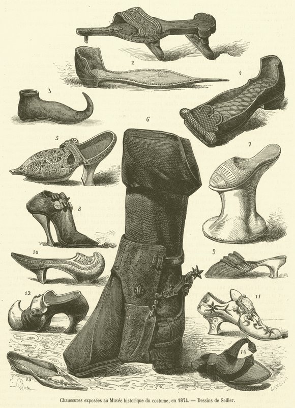 Sko utstilt på Historical Costume Museum, i 1874 (gravering) av French School