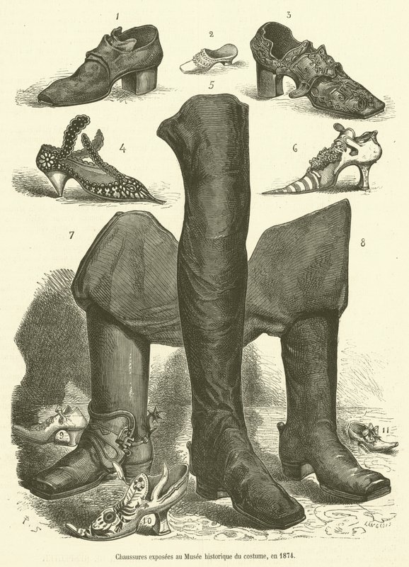 Sko utstilt på Historical Costume Museum, i 1874 (gravering) av French School