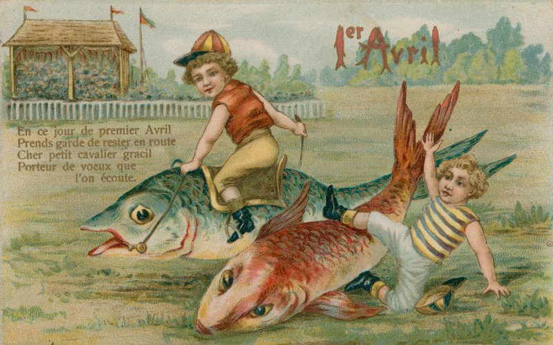 Barnejockeyer som kappløper med fisk, 1. april-kort, 1913 av French School