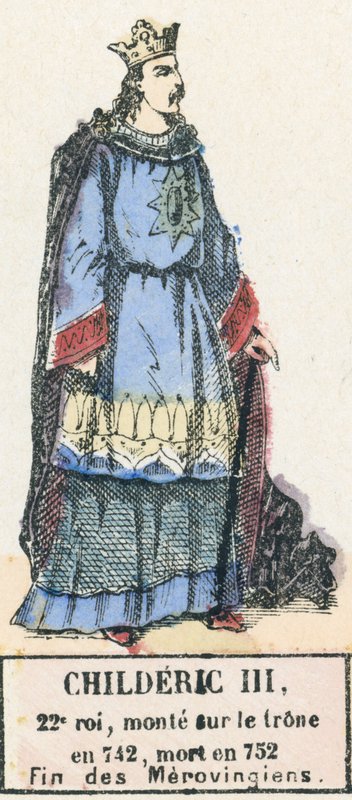 Childeric III, 22. konge, besteg tronen i 742, døde i 752, End of the Merovingians (farget gravering) av French School
