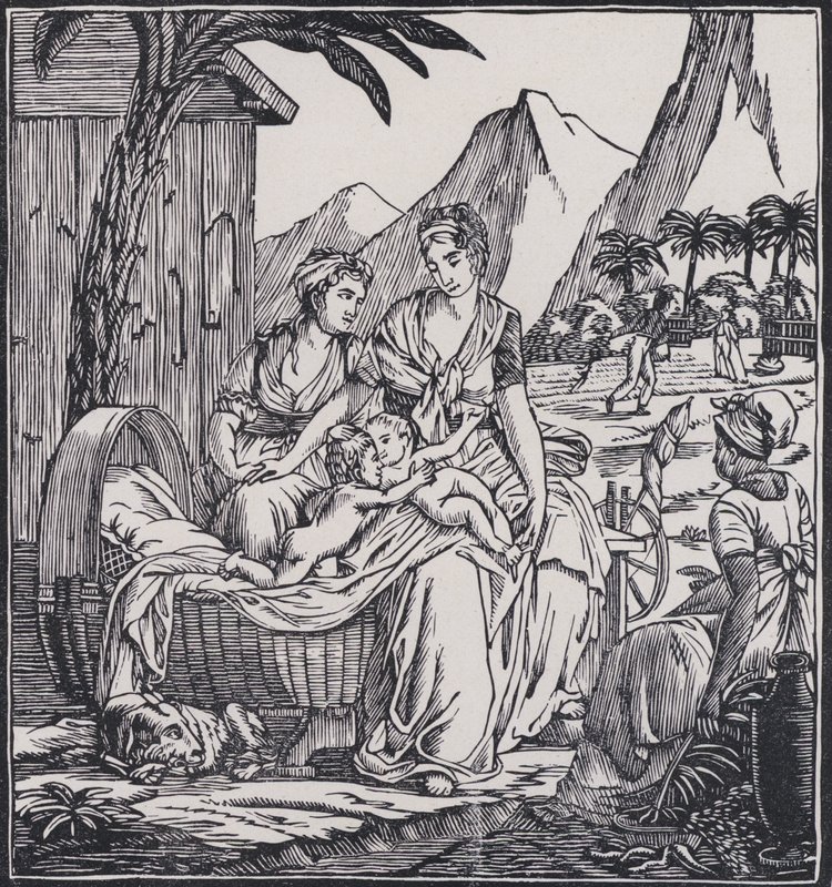 Paul og Virginies barndom, scene fra den franske forfatteren Jacques-Henri Bernardin de Saint-Pierres roman Paul et Virginie (lito) av French School