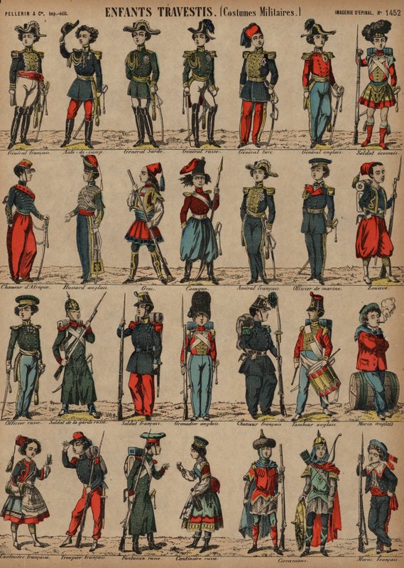 Militære kostymer for barn (farget gravering) av French School