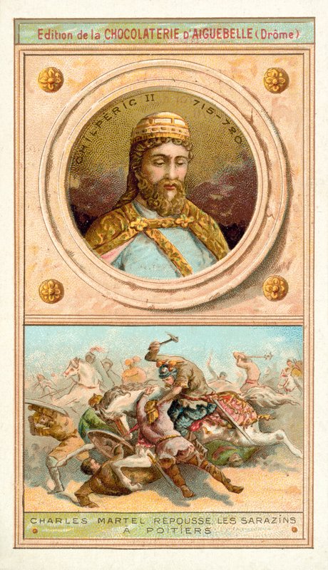 Chilperic II og Charles Martel beseiret maurerne ved Poitiers, 732 (chromolitho) av French School