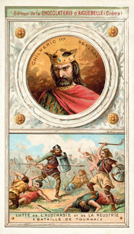 Chilperic I og kampen mellom Austrasia og Neustria i slaget ved Tournai, 6. århundre (chromolitho) av French School