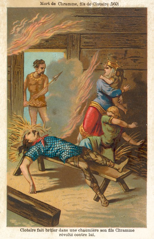 Chlothar I, kongen av frankerne, brente i hjel sin opprørssønn Chram og hans familie, 560 (chromolitho) av French School