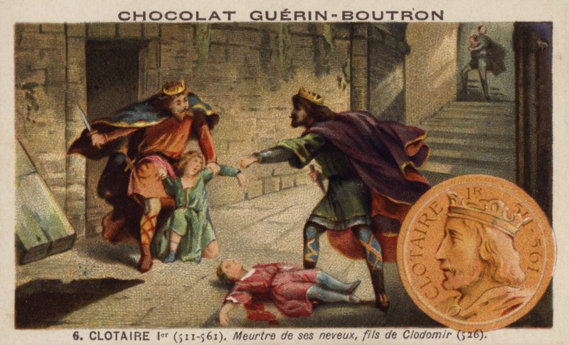 Chlothar I og drapet på nevøene hans, sønnene til kong Clodomir, 526 (chromolitho) av French School