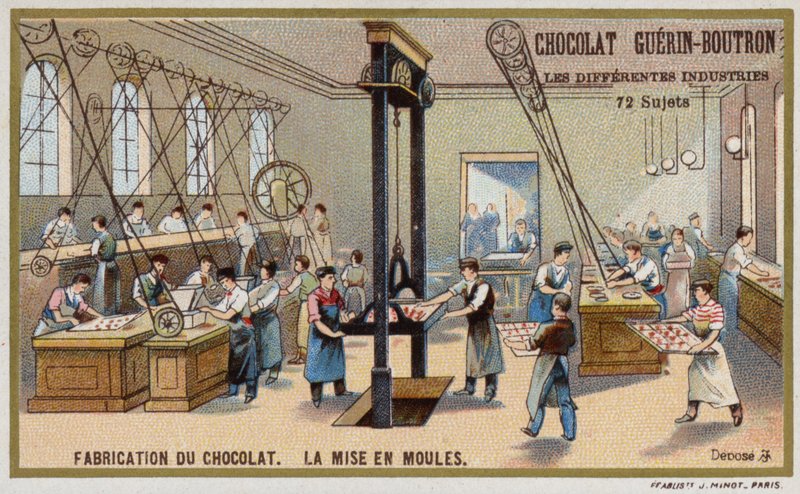 Sjokolade produksjon. Ha sjokolade i former (chromolitho) av French School