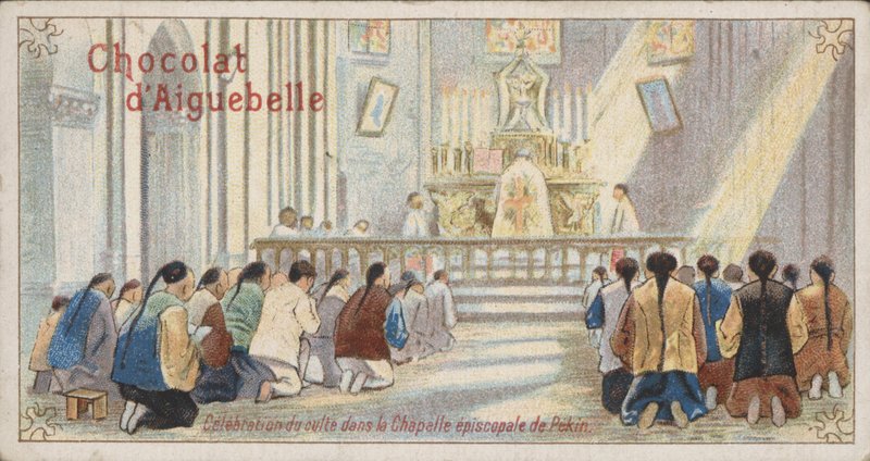 Kristne som tilber i det episkopale kapellet i Beijing (chromolitho) av French School