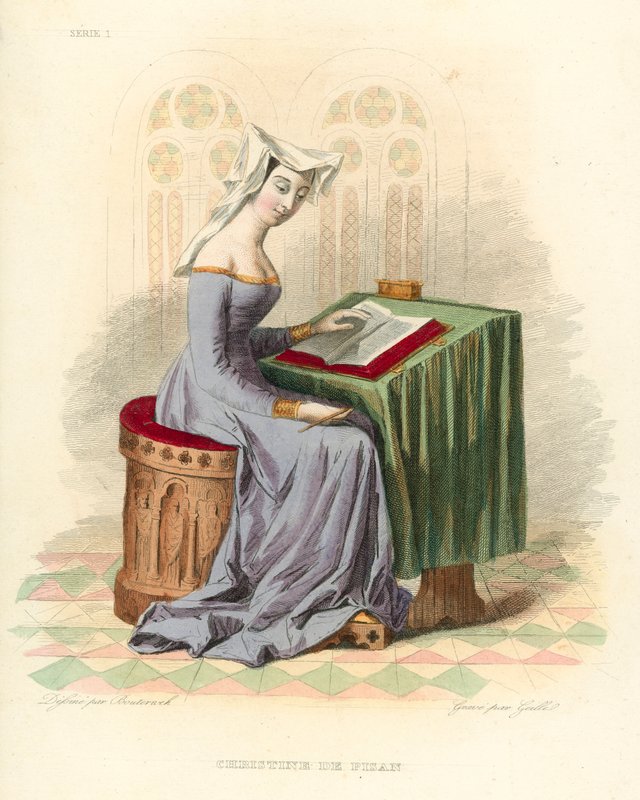 Christine de Pisan (farget gravering) av French School