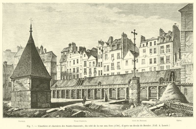 Kirkegård og massegraver til Saints-Innocents, på rue aux Fers-siden, 1780, etter en tegning av Bernier, Coll A Lenoir av French School
