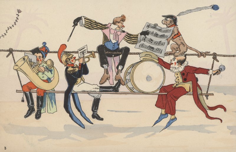 Sirkusscene, fra et sett med sammenkoblede postkort (fargelitho) av French School