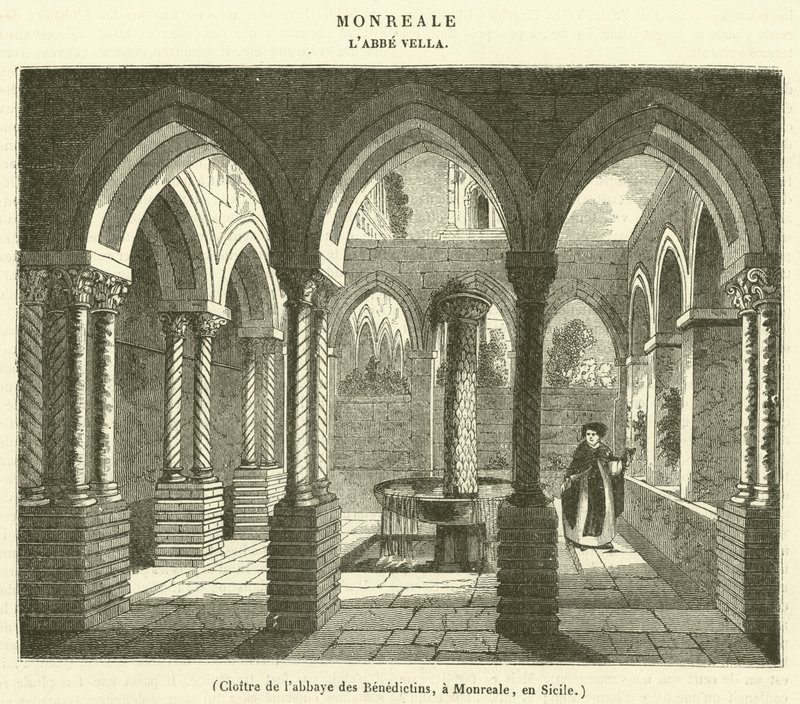 Cloister of the Benedictine Abbey, i Monreale, Sicilia (gravering) av French School