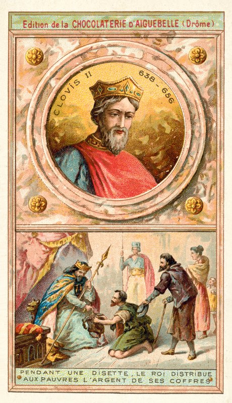 Clovis II gir penger fra kassen til de fattige i en tid med motgang, 7. århundre (chromolitho) av French School