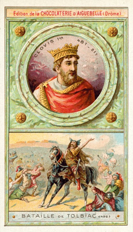 Clovis I i slaget ved Tolbiac, 496 (chromolitho) av French School