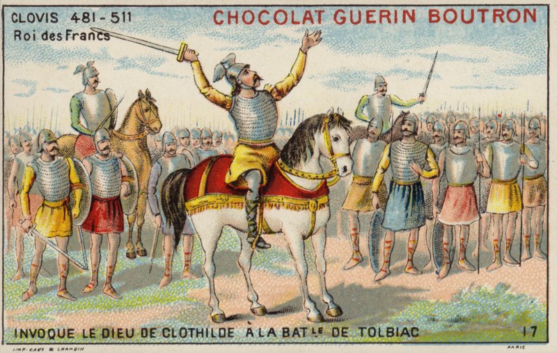 Clovis I som påkaller Clotilde-guden i slaget ved Tolbiac, 496 (chromolitho) av French School