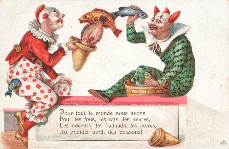 Klovner sjonglerer med fisk til 1. april av French School