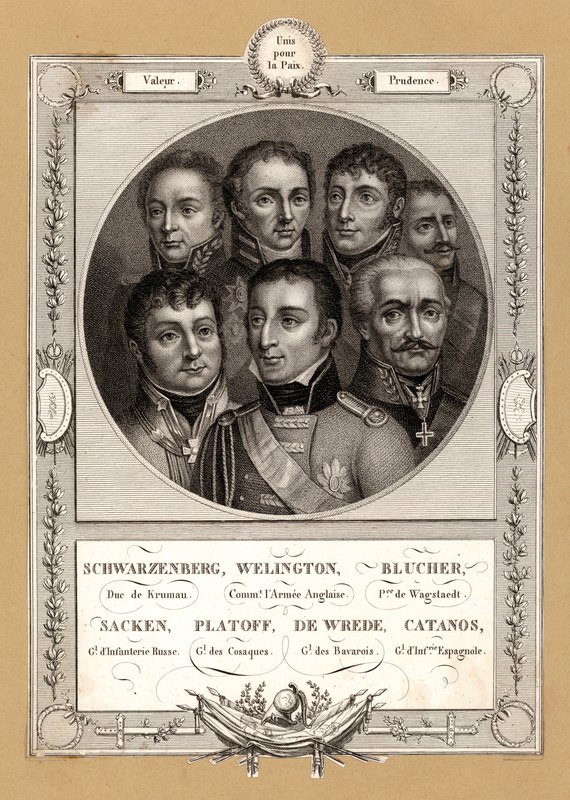 Koalisjons militære sjefer for Napoleonskrigene: Fabian Gottlieb von der Osten-Sacken, russisk infanterigeneral; Matvei Platov, russisk general med kommando over Don-kosakkene; Karl Philipp von Wrede, bayersk general; Francisco Javier Castanos, Sp av French School
