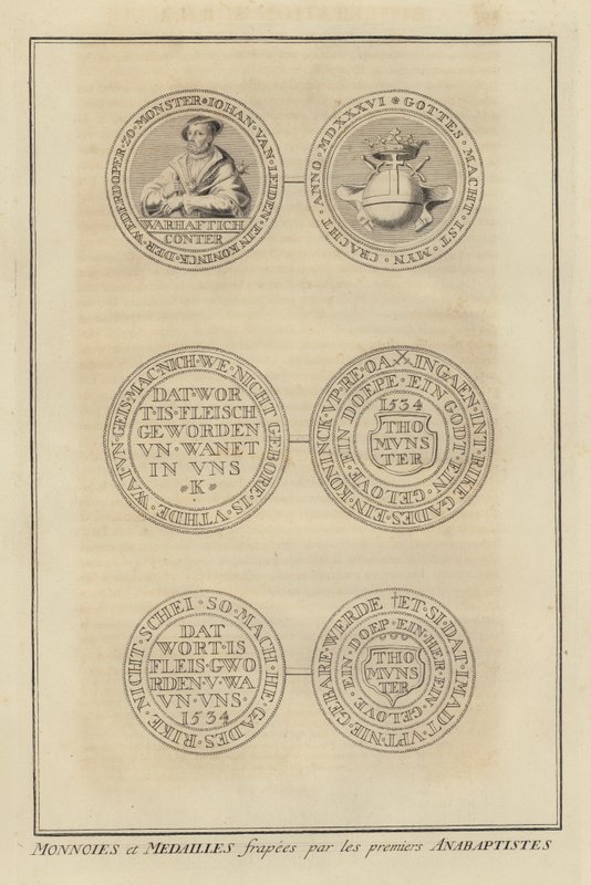 Mynter og medaljer slått av de første anabaptistene (gravering) av French School