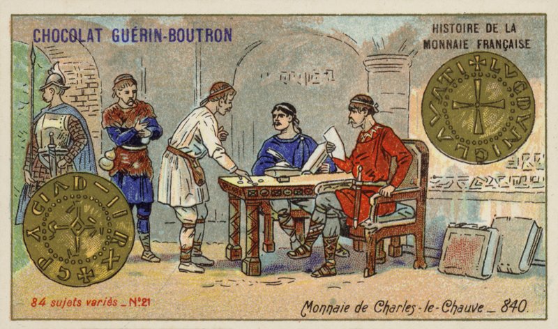 Mynter av Charles the Bald, 840 (chromolitho) av French School