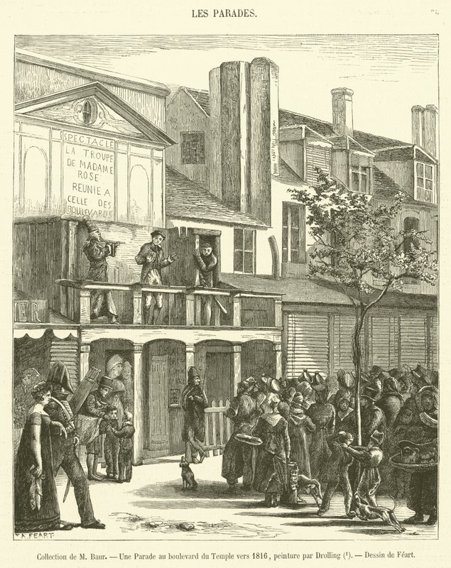 Samling av Mme Baur, En parade på Boulevard du Temple rundt 1816 (gravering) av French School