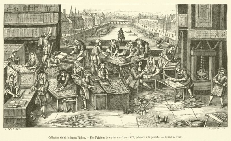 Samling av M le Baron Pichon, A Card Factory under Louis XIV (gravering) av French School
