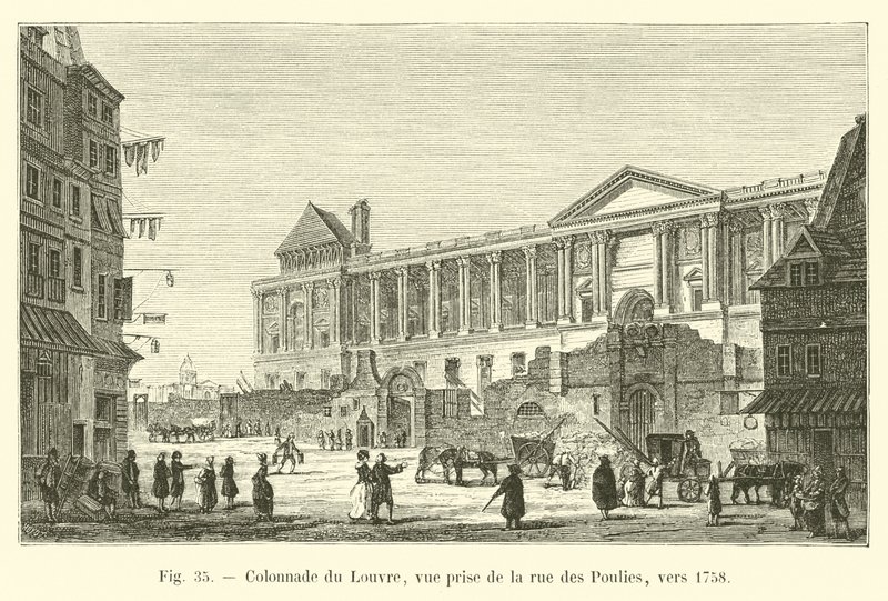 Colonnade of Louvre, utsikt tatt fra rue des Poulies, rundt 1758 av French School
