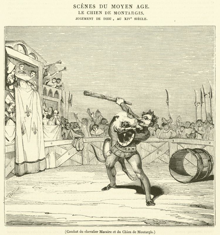 Battle of the Knight Macaire and the Dog of Montargis (gravering) av French School