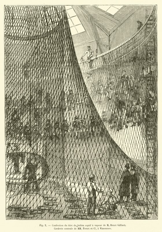 Lage nettet til den fangede dampballongen til M Henri Giffard, Corderie centrale til MM Fretet et Ce, i Vincennes (gravering) av French School