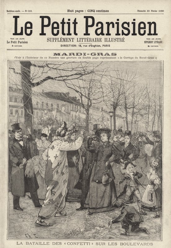 Konfettikamp på boulevardene i Paris på Mardi Gras (gravering) av French School