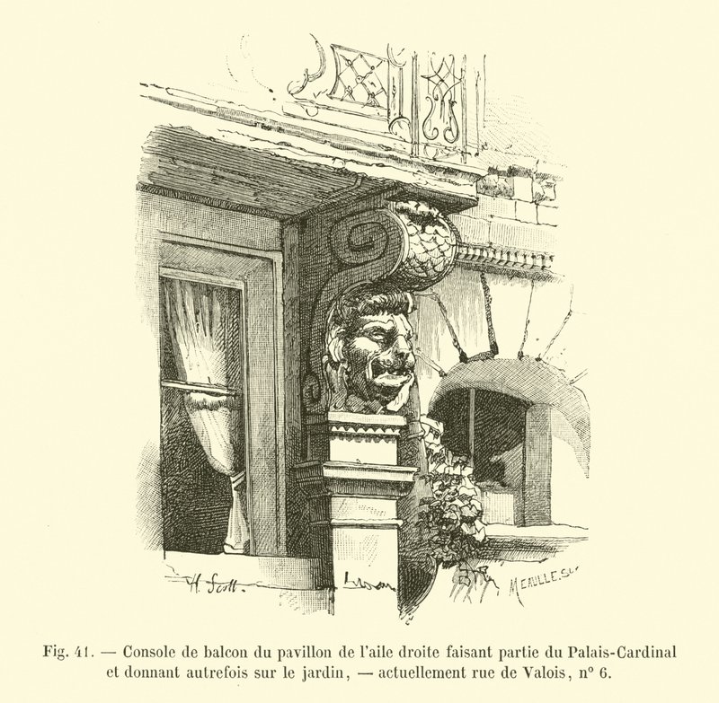 Balkongkonsoll til paviljongen i høyre fløy, en del av Palais-Cardinal og tidligere med utsikt over hagen, for tiden rue de Valois, nr. 6 av French School