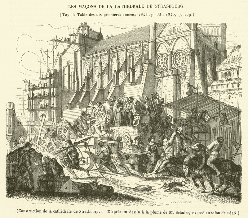 Bygging av Strasbourg katedral (gravering) av French School
