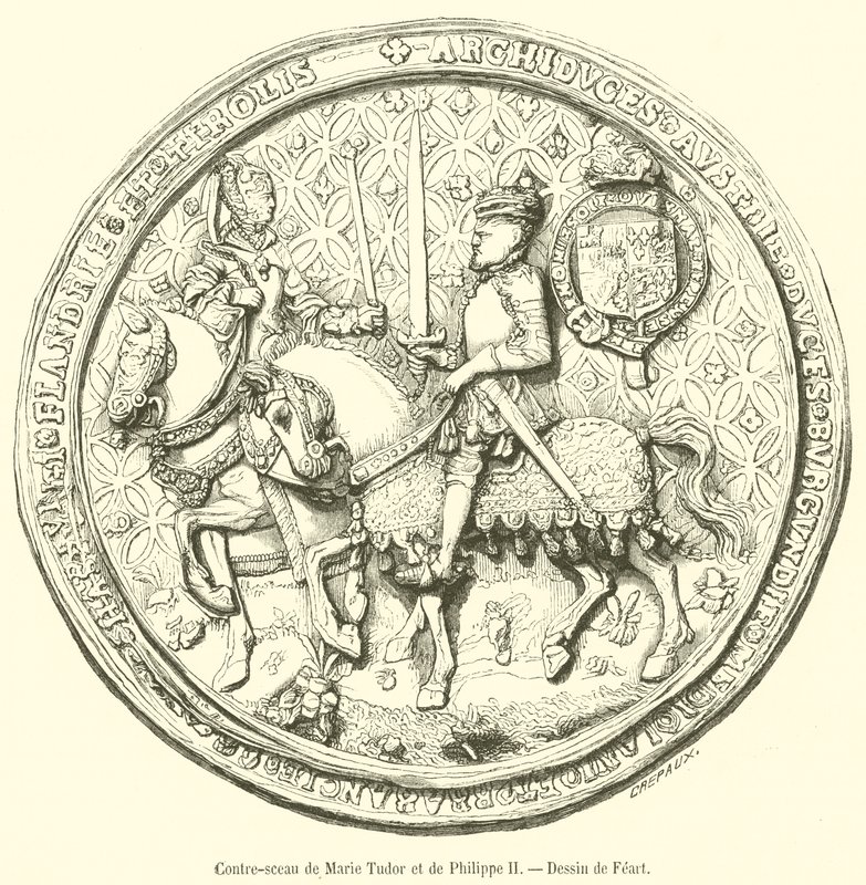 Motsegl av Mary Tudor og Philip II (gravering) av French School