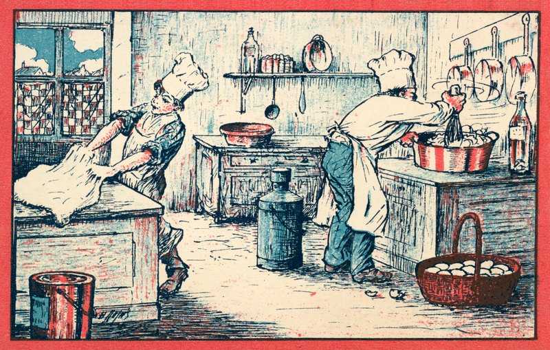 Kokker som jobber på kjøkkenet (chromolitho) av French School