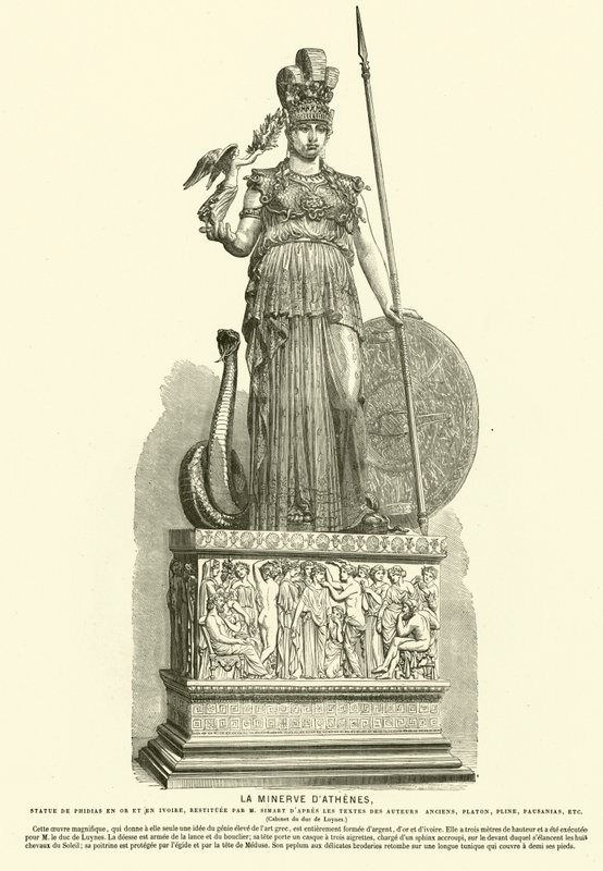 Kopi av Athena Parthenos, monumental statue av den antikke greske billedhuggeren Phidias (gravering) av French School