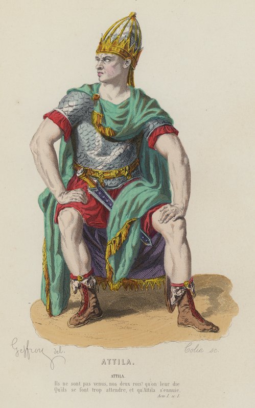 Corneille, Attila, Act I, Sc I (farget gravering) av French School