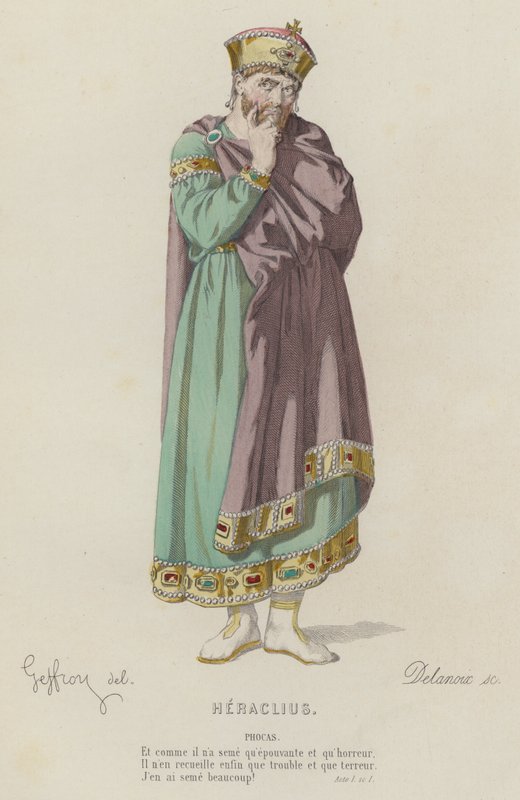 Corneille, Heraclius, Act I, Sc I (farget gravering) av French School