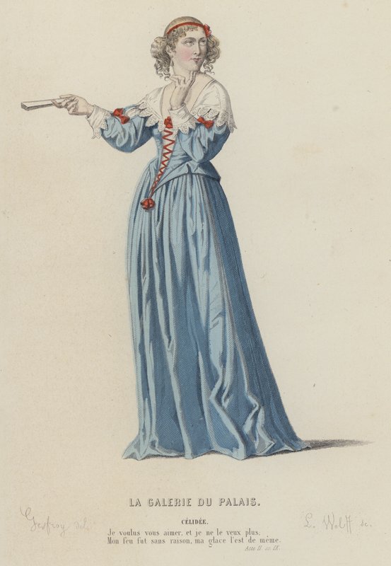 Corneille, La Galerie Du Palais, Act II, Sc IX (farget gravering) av French School