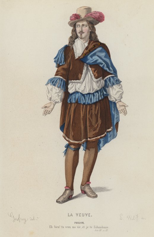 Corneille, La Veuve, Act III, Sc III (farget gravering) av French School
