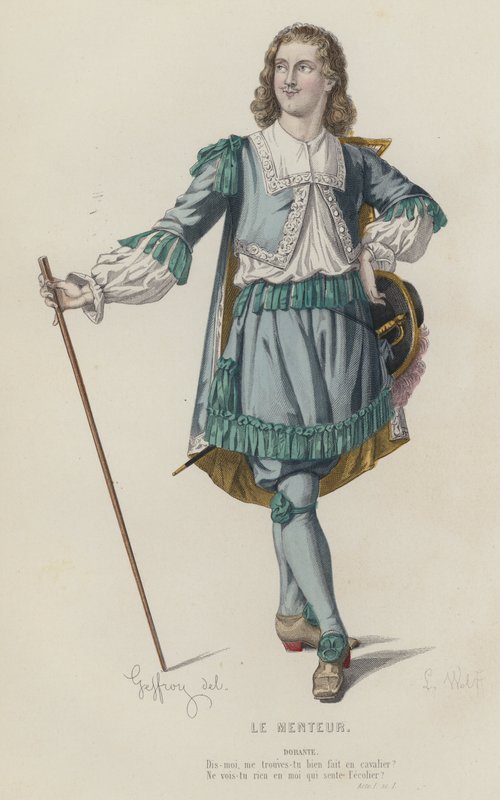 Corneille, Le Menteur, Act I, Sc I (farget gravering) av French School