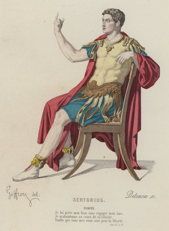 Cornelius, Sertorius, Act III, Sc II (farget gravering) av French School