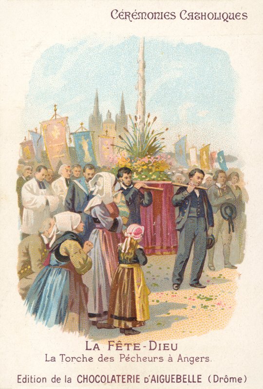 Corpus Christi prosesjon av fiskerne i Angers, Frankrike (chromolitho) av French School