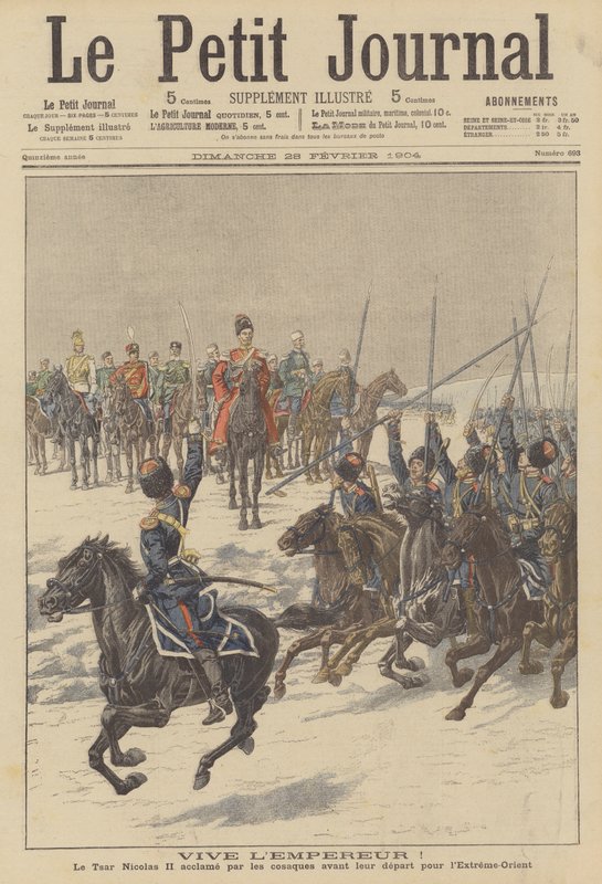 Kosakker hyller tsar Nikolaj II før de drar til Det fjerne østen for å kjempe mot japanerne (fargelitografi) av French School