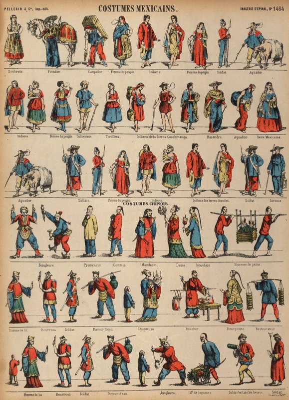 Kostymer fra Mexico og Kina (farget gravering) av French School
