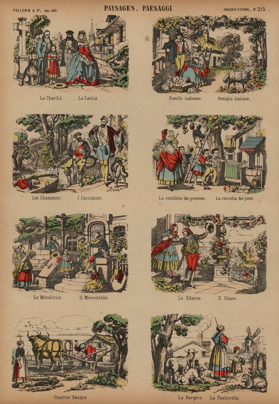 Landlige scener (farget gravering) av French School