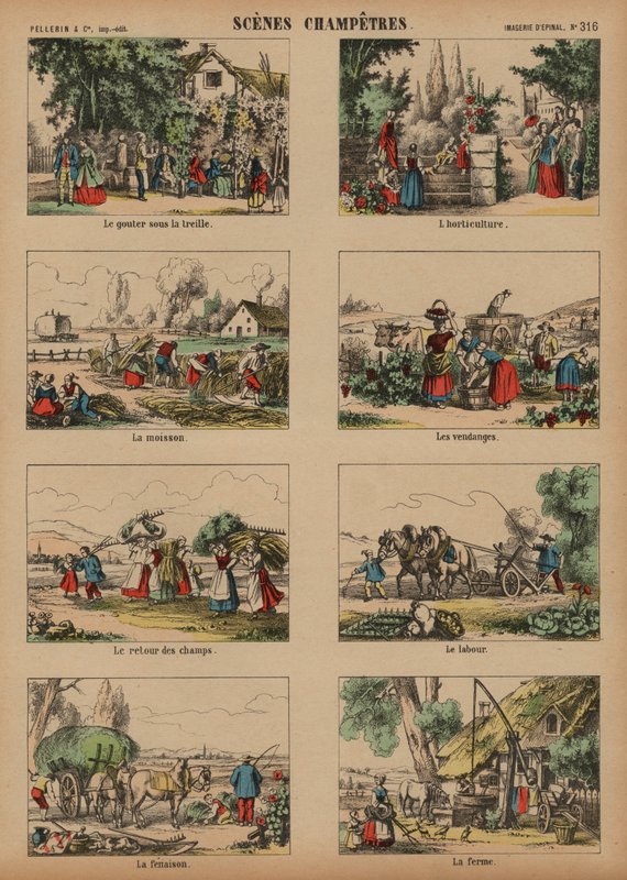 Landlige scener (farget gravering) av French School