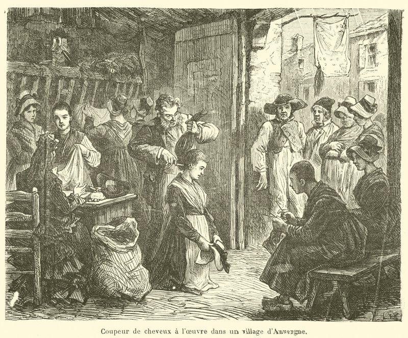 Frisør på jobb i en landsby i Auvergne (gravering) av French School